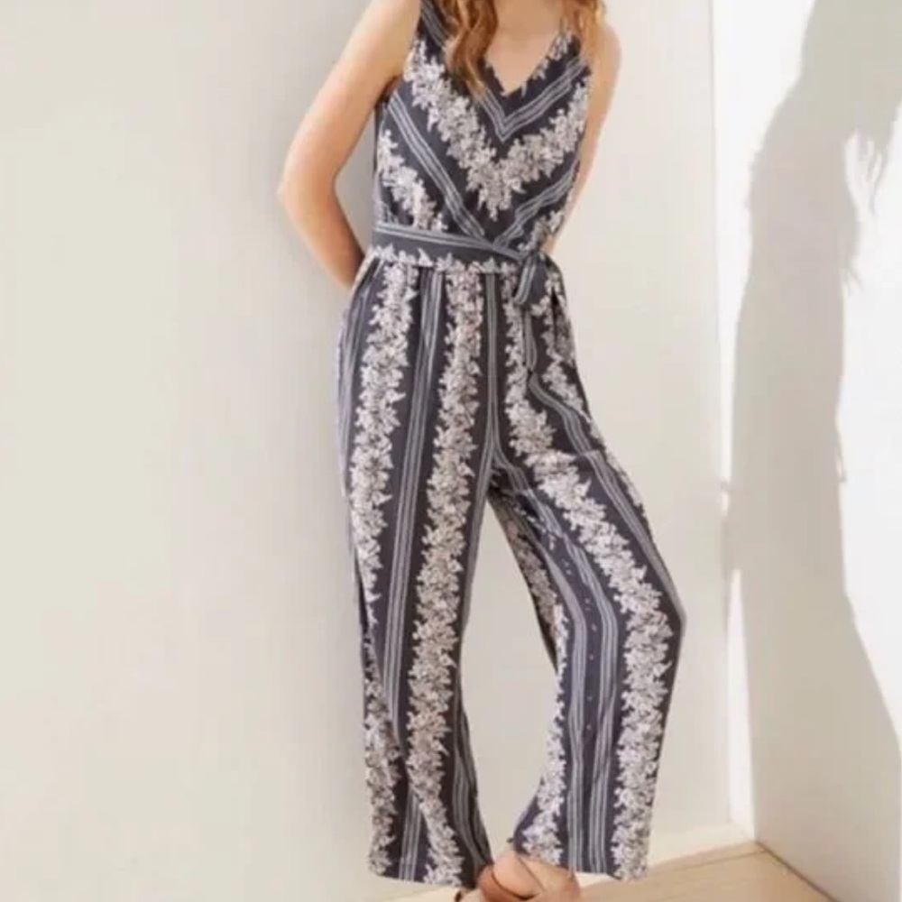Loft, grey stripe floral V neck jumpsuit, Size Large!